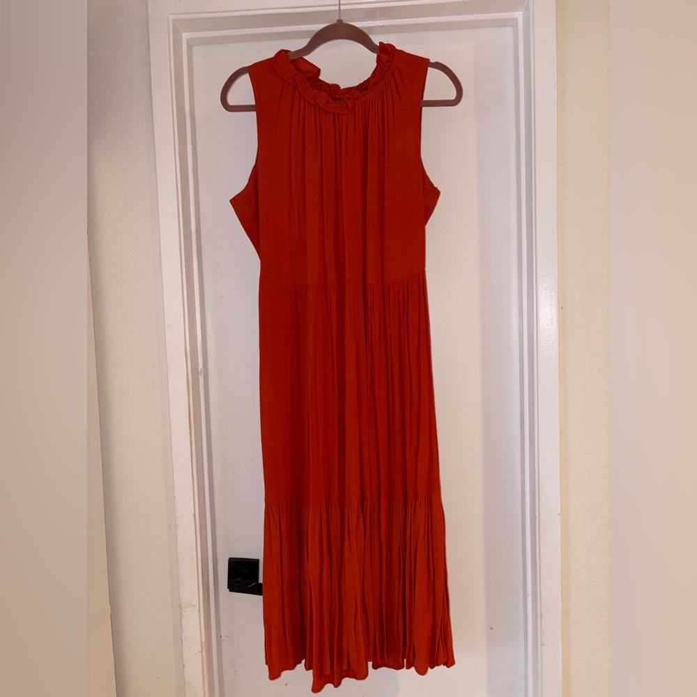 Calvin Klein Burnt Orange Ruffled Neck Sleeveless Maxi Dress
